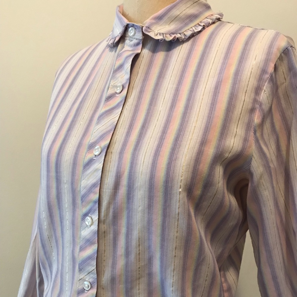 Vintage pastel striped blouse with ruffled cuffs
